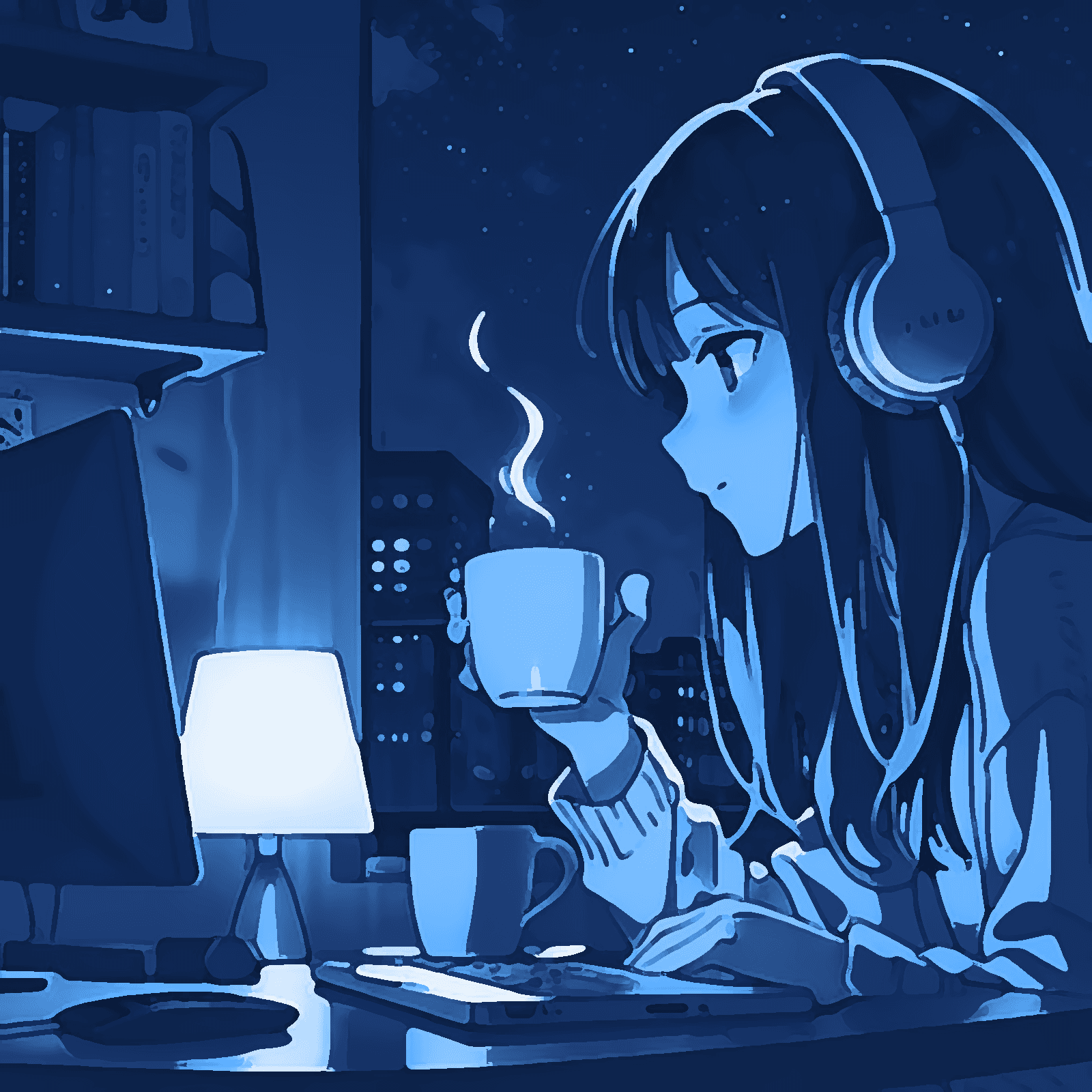 Ona’s avatar: an illustration of a woman with headphones holding a mug at her desk at night