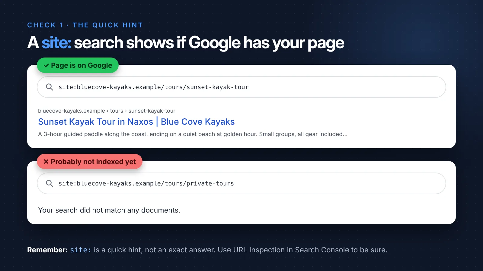 site: search showing whether a page is on Google